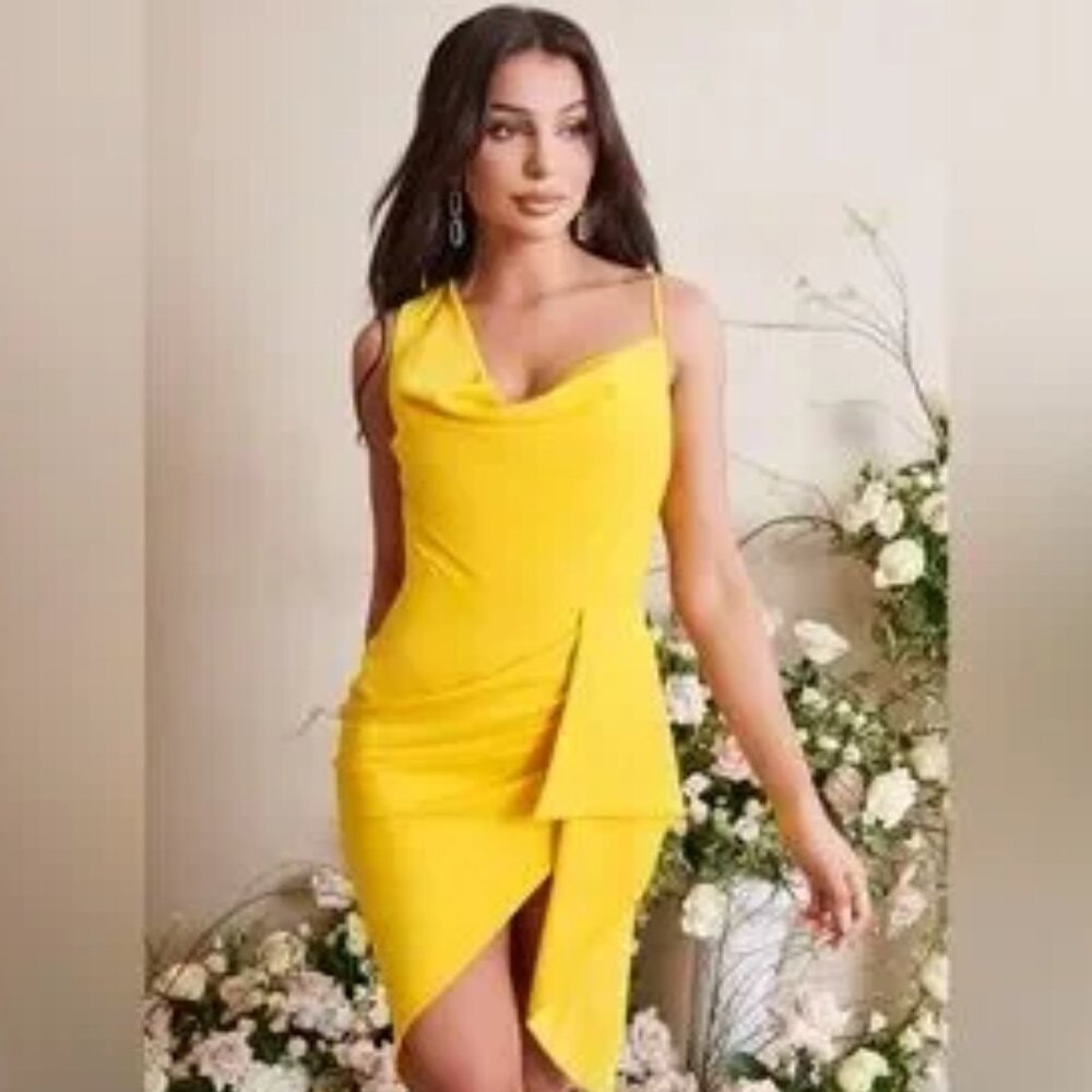 Lavish Alice Emma Cowl Neck Mini Wrap Formal Cocktail Dress in Yellow NWT Sz 12‎